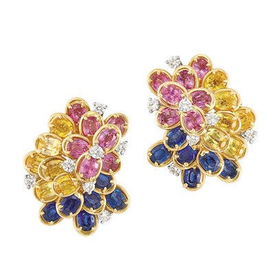 Lot 453 - Pair of Gold, Platinum, Multicolored Sapphire and Diamond Cluster Earclips, Oscar Heyman Bros.