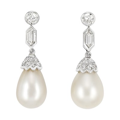 Lot 533 - Pair of Art Deco Platinum, Diamond and Natural Pearl Pendant-Earrings