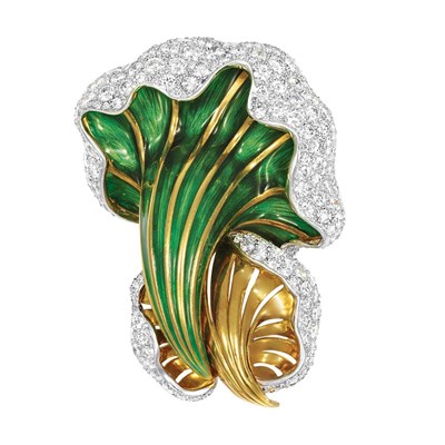 Lot 343 - Gold, Platinum, Diamond and Enamel Clip-Brooch