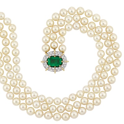 Lot 495 - Triple Strand Cultured Pearl Necklace with Emerald and Diamond Clasp, Schlumberger, France