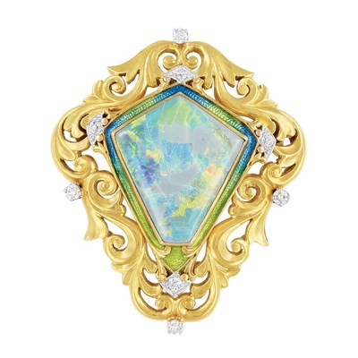 Lot 525 - Art Nouveau Gold, Platinum, Opal, Enamel and Diamond Brooch, Shreve, Crump & Lowe Co.