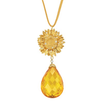 Lot 356 - Gold and Diamond Sunflower Pendant-Brooch with Gold, Diamond and Amber Pendant-Brooch, Asprey
