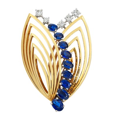 Lot 87 - Gold, Sapphire and Diamond Leaf Clip-Brooch, Gubelin