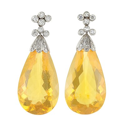 Lot 685 - Pair of Platinum, Gold, Diamond and Fire Opal Pendant-Earrings