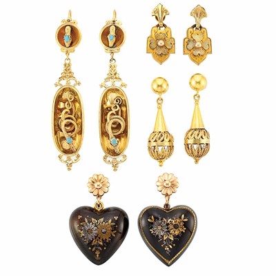 Lot 227 - Three Pairs of Antique Gold Pendant-Earrings and Pair of Black Onyx, Silver and Gold Heart Pendant-Earrings