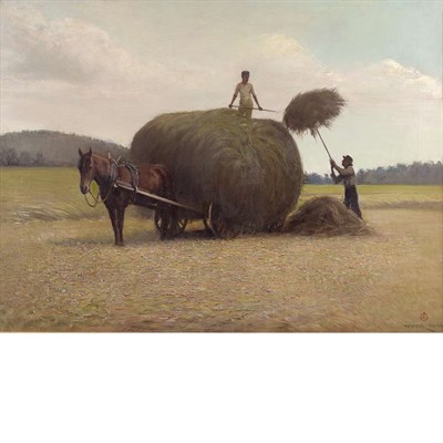 Lot 40 - Harry Russ b. 1865 Pitching Hay Signed Harry...