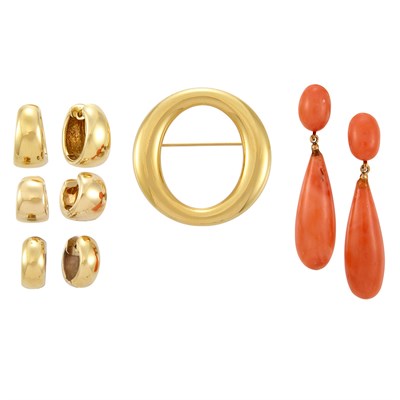 Lot 634 - Gold Pin, Tiffany & Co., Elsa Peretti, Three Pairs of Gold Hoop Earrings and Pair of Coral Pendant-Earrings