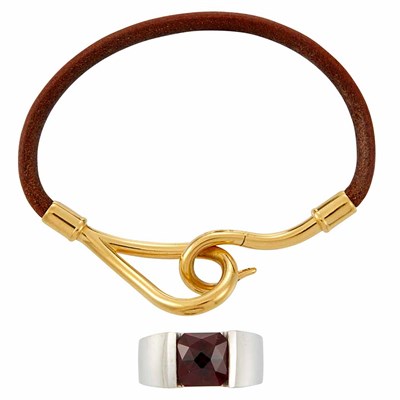 Lot 641 - White Gold and Garnet Ring and Gilt-Metal and Cord Bracelet, Hermes