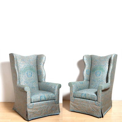 Lot 206 - Pair of Fortuny Fabric Upholstered Wing Chairs