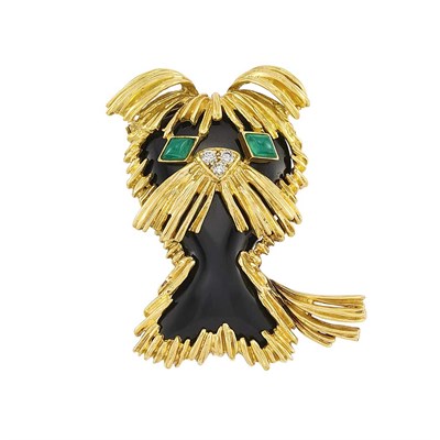 Lot 434 - Gold, Black Onyx, Diamond and Green Onyx Dog Clip-Brooch, Boucheron, Paris