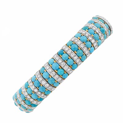 Lot 421 - Two-Color Gold, Turquoise and Diamond Bangle Bracelet
