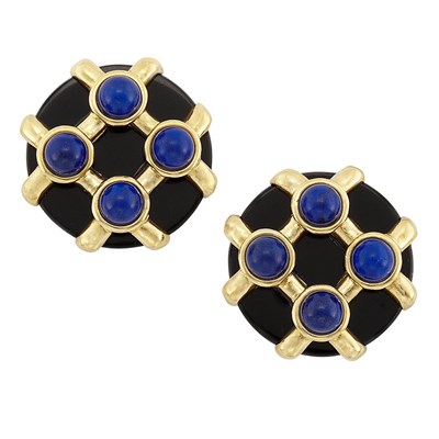 Lot 406 - Pair of Gold, Black Onyx and Lapis Earclips, Cartier, Aldo Cipullo