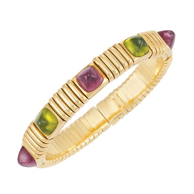 Lot 120 - Gold and Cabochon Colored Stone Bangle Bracelet, Bulgari