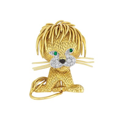 Lot 10 - Gold, Platinum, Diamond, Emerald and Black Enamel Lion Clip-Brooch, Van Cleef & Arpels