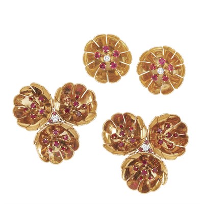 Lot 391 - Pair of Retro Gold, Ruby and Diamond Flower Clip-Brooches and Pair of Earclips, Tiffany & Co.
