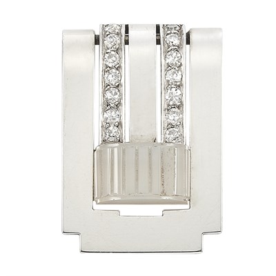 Lot 536 - Art Deco Platinum, White Gold, Diamond and Carved Chalcedony Clip, Van Cleef & Arpels, France