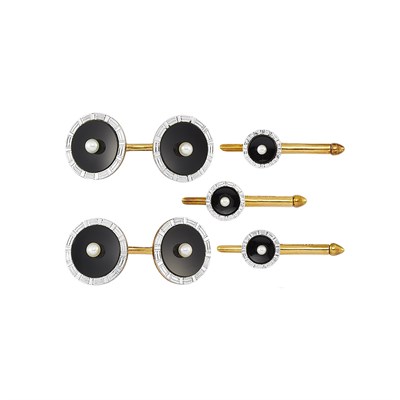 Lot 242 - Art Deco Platinum, Gold, Black Onyx and Seed Pearl Dress Set, Tiffany & Co.