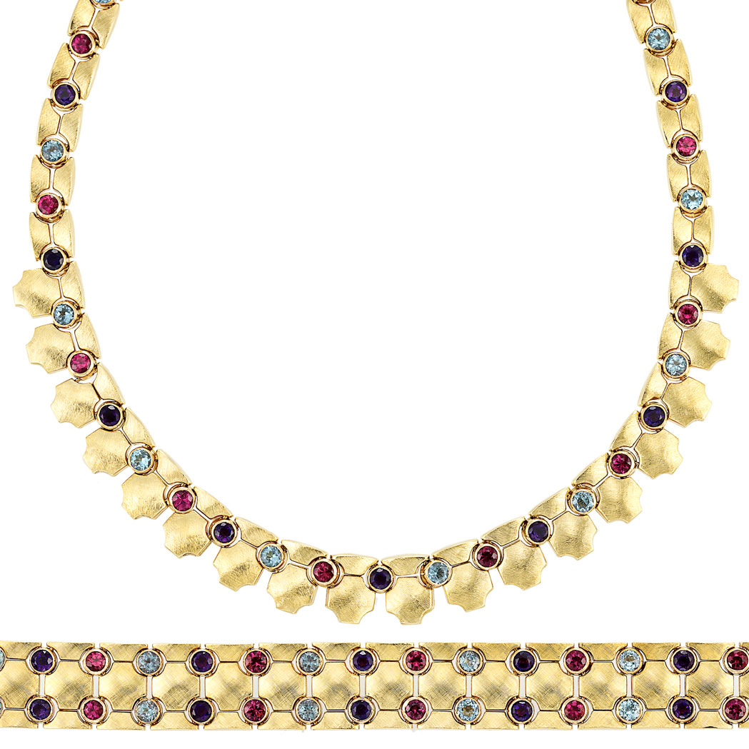 Lot 556 - Gold and Gem-Set Necklace and Bracelet