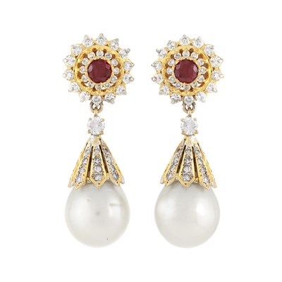 Lot 418 - Pair of Gold, Ruby, Diamond and Cultured Pearl Pendant-Earrings