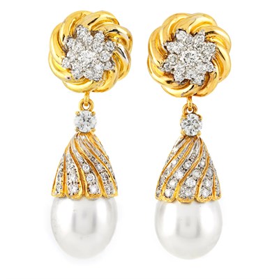 Lot 719 - Pair of Gold, Diamond and Cultured Pearl Pendant-Earrings