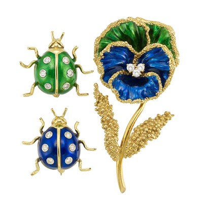 Lot 538 - Gold, Enamel and Diamond Flower Brooch and Pair of Ladybug Pins