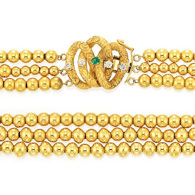 Lot 361 - Four Strand Gold Bead Necklace with Gold, Diamond and Emerald Clasp