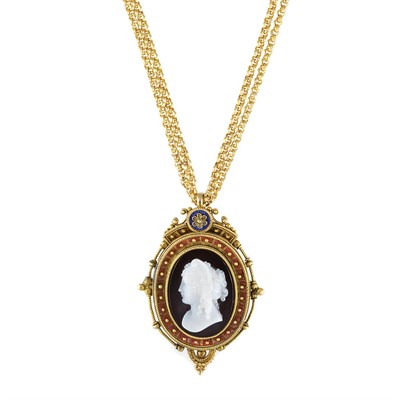 Lot 120 - Double Strand Gold Chain Necklace with Antique Gold, Hardstone Cameo and Micromosaic Pendant-Brooch