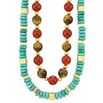 Lot 343 - Two Hardstone and Gold Bead Necklaces