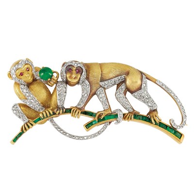 Lot 300 - Gold, Platinum, Diamond and Emerald Monkey Double-Clip Brooch
