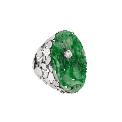 Lot 145 - White Gold, Carved Jade and Diamond Ring, Andrew Grima