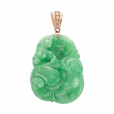 Lot 374 - Gold, Carved Jade and Diamond Pendant