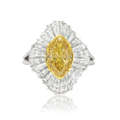 Lot 494 - Platinum, Fancy Deep Orangy Yellow Diamond and Diamond Ballerina Ring