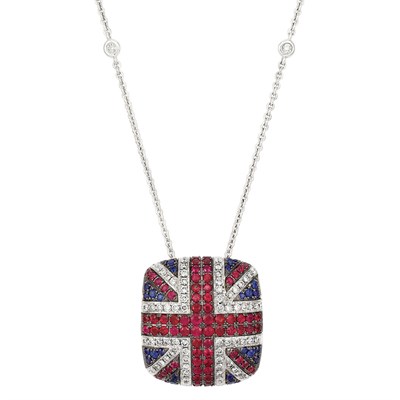Lot 155 - White Gold, Diamond, Ruby and Sapphire 'Union Jack' Pendant, Asprey, with White Gold and Diamond Chain