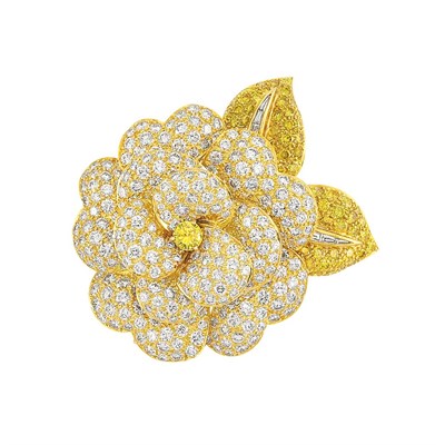 Lot 502 - Gold, Fancy Vivid Yellow Diamond and Diamond Flower Clip-Brooch, Van Cleef & Arpels