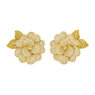 Lot 500 - Pair of Gold, Fancy Colored Yellow Diamond and Diamond Flower Clip-Brooches, Van Cleef & Arpels