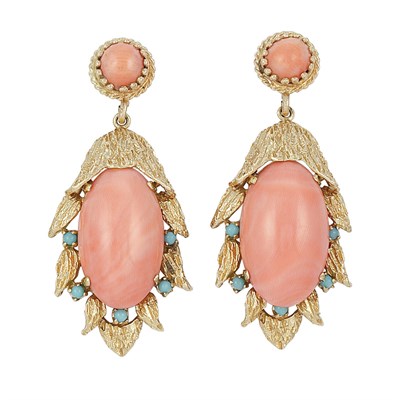 Lot 136 - Pair of Gold, Coral and Green Stone Pendant-Earrings