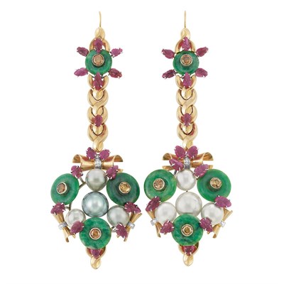 Lot 387 - Pair of Two-Color Gold, Platinum, Jade, Carved Ruby, Cultured Pearl and Brown Diamond Pendant-Earrings