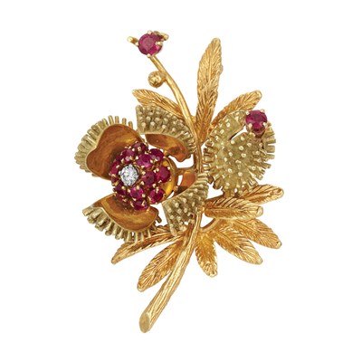 Lot 268 - Gold, Diamond and Ruby Flower Brooch