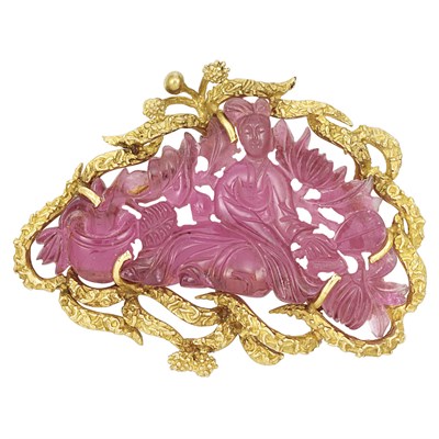 Lot 272 - Gold and Carved Pink Tourmaline Pendant-Brooch