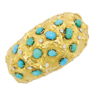 Lot 352 - Gold, Turquoise and Diamond Cuff Bangle Bracelet, David Webb