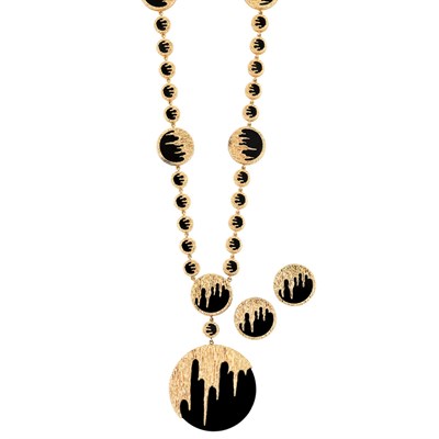 Lot 327 - Long Gold and Black Onyx Pendant-Necklace and Pair of Earrings