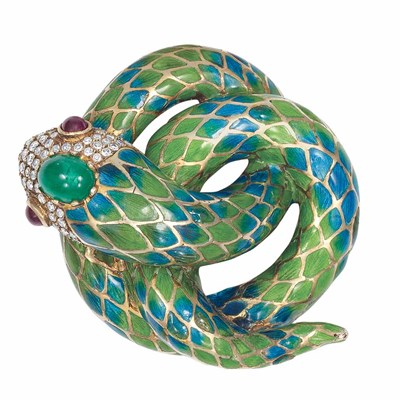 Lot 344 - Gold, Enamel, Diamond and Cabochon Emerald and Ruby Serpent Clip-Brooch
