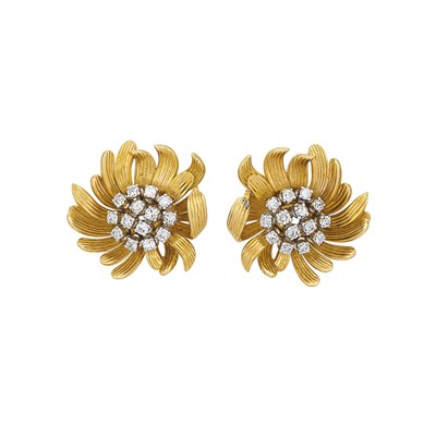 Lot 384 - Pair of Gold and Diamond Flower Earclips