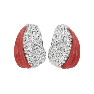 Lot 461 - Pair of White Gold, Fluted Oxblood Coral and Diamond Earclips, Van Cleef & Arpels