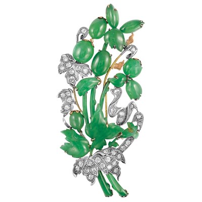 Lot 388 - Sterling Silver, Gold, Jade, Carved Jade and Diamond Bouquet Brooch