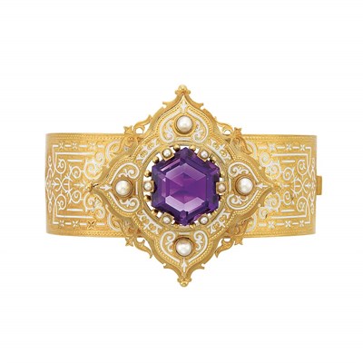 Lot 362 - Antique Gold, Amethyst, Split Pearl and White Enamel Cuff Bangle Bracelet