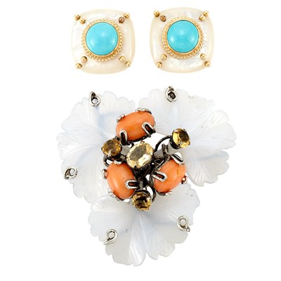 Lot 346 - Pair of Gold, Turquoise and Mother-of-Pearl Earclips, Maz, and Costume Flower Brooch, Iradj Moini