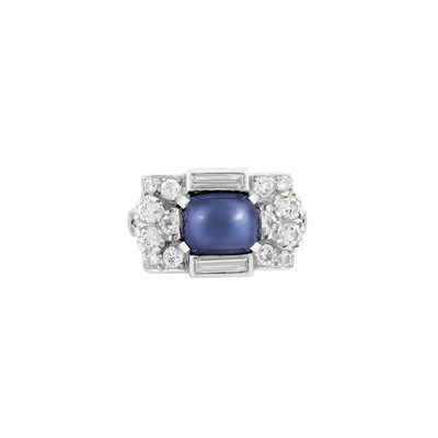 Lot 246 - Platinum, Cabochon Sapphire and Diamond Ring