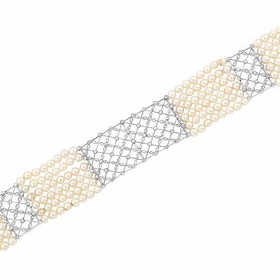 Lot 491 - Six Strand Cultured Pearl, Platinum and Diamond Choker Necklace, Cartier