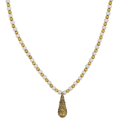 Lot 183 - Etruscan Revival Gold Bead and Cultured Pearl Pendant-Necklace